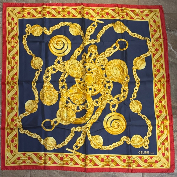 Celine Silk Blue and Gold Chain Motif Scarf - Picture 1 of 5